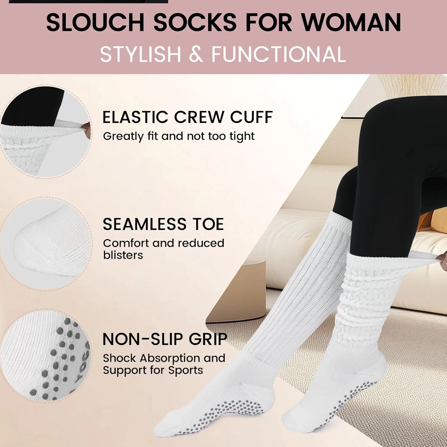 Pilates Socks With Grips For Women Slouchy Hospital Socks Yoga Long Scrunch Slipper Sock