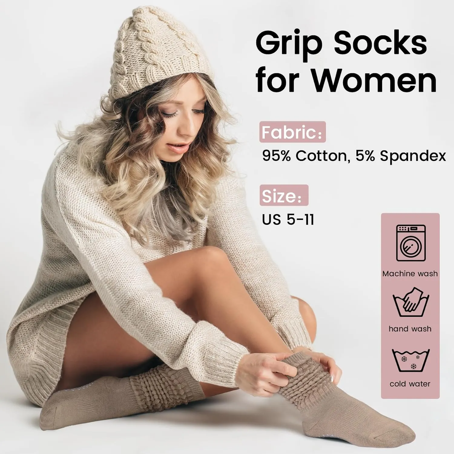 Pilates Socks With Grips For Women Slouchy Hospital Socks Yoga Long Scrunch Slipper Sock