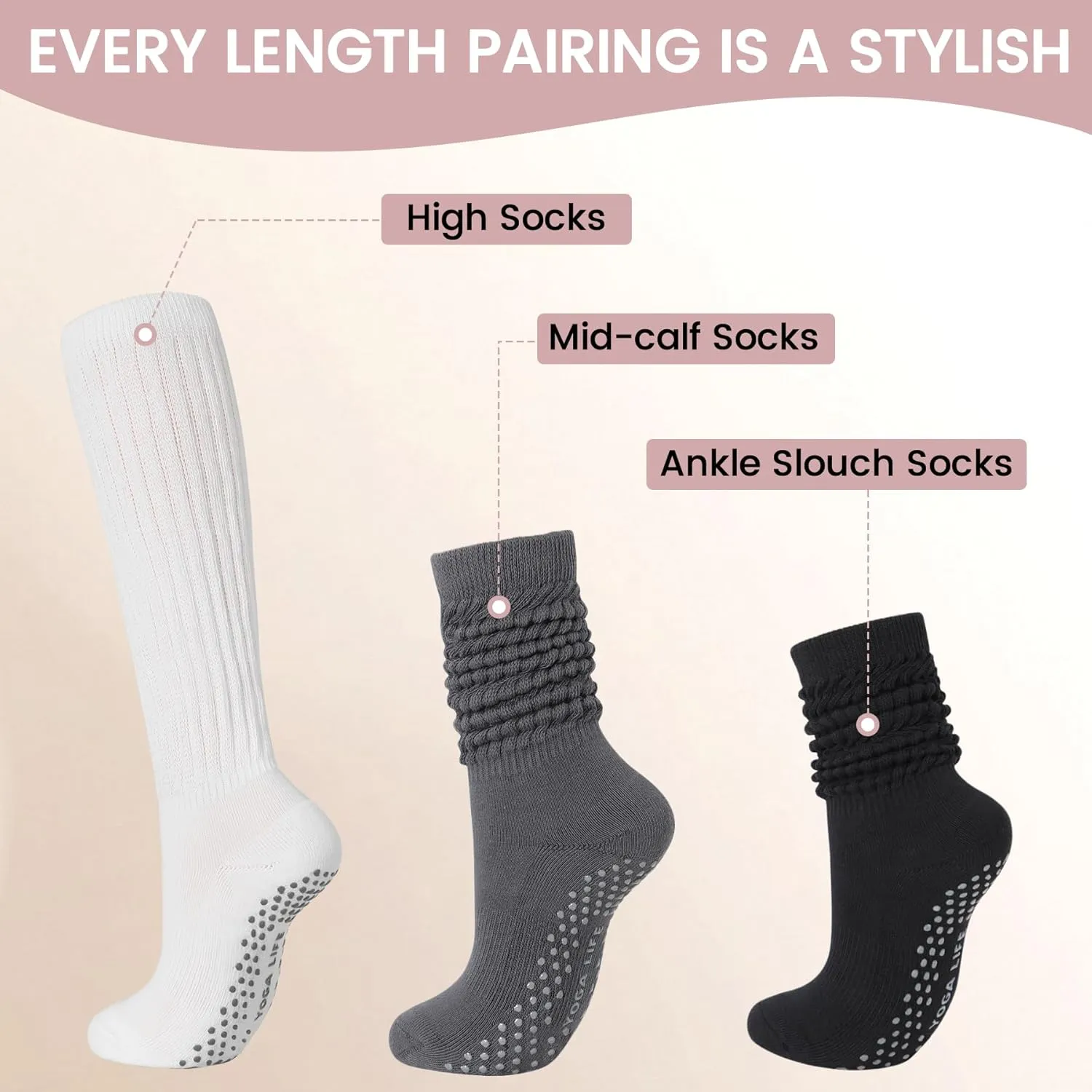 Pilates Socks With Grips For Women Slouchy Hospital Socks Yoga Long Scrunch Slipper Sock