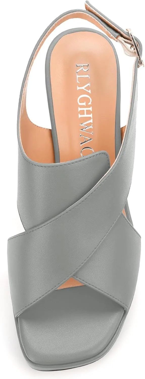 Platform Sandals, Buckle Slingback High Heels for Women, Square Open Toe Fashion Solid Block Heeled Sandal