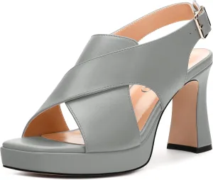 Platform Sandals, Buckle Slingback High Heels for Women, Square Open Toe Fashion Solid Block Heeled Sandal