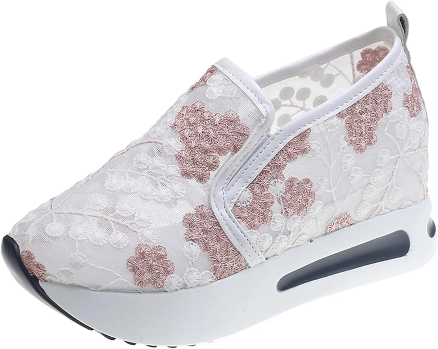 Platform Wedge Sneakers for Women Fashion Floral Embroidered Mesh Shoe Comfort Chunky Sole Hidden High Heels Slip On Loafers Dressy Casual Breathable Walking Shoes with Arch Support