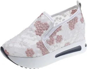 Platform Wedge Sneakers for Women Fashion Floral Embroidered Mesh Shoe Comfort Chunky Sole Hidden High Heels Slip On Loafers Dressy Casual Breathable Walking Shoes with Arch Support