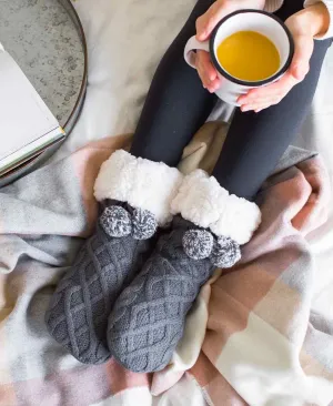 Pudus Cable Knit Slipper Socks Grey Adult
