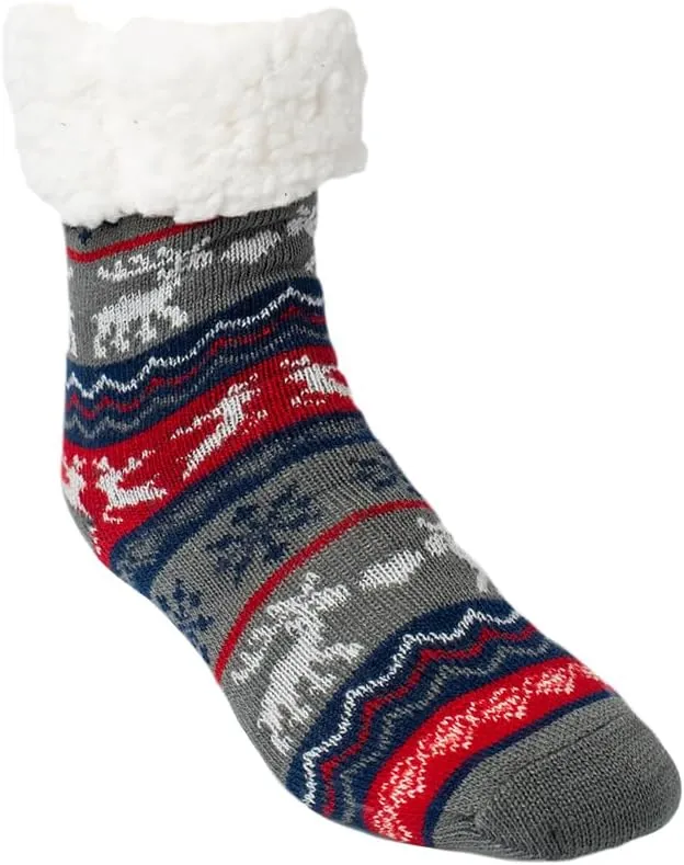 Pudus Recycled Cozy Winter Holiday Christmas Patterns Slipper Socks Women & Men w Non-Slip Grippers Faux Fur Sherpa