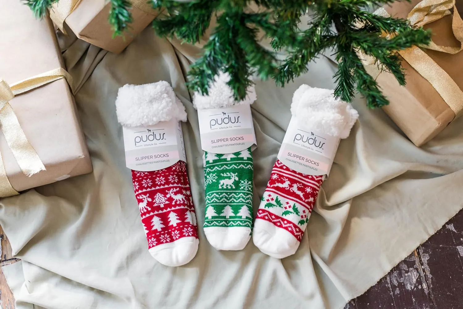 Pudus Recycled Cozy Winter Holiday Christmas Patterns Slipper Socks Women & Men w Non-Slip Grippers Faux Fur Sherpa