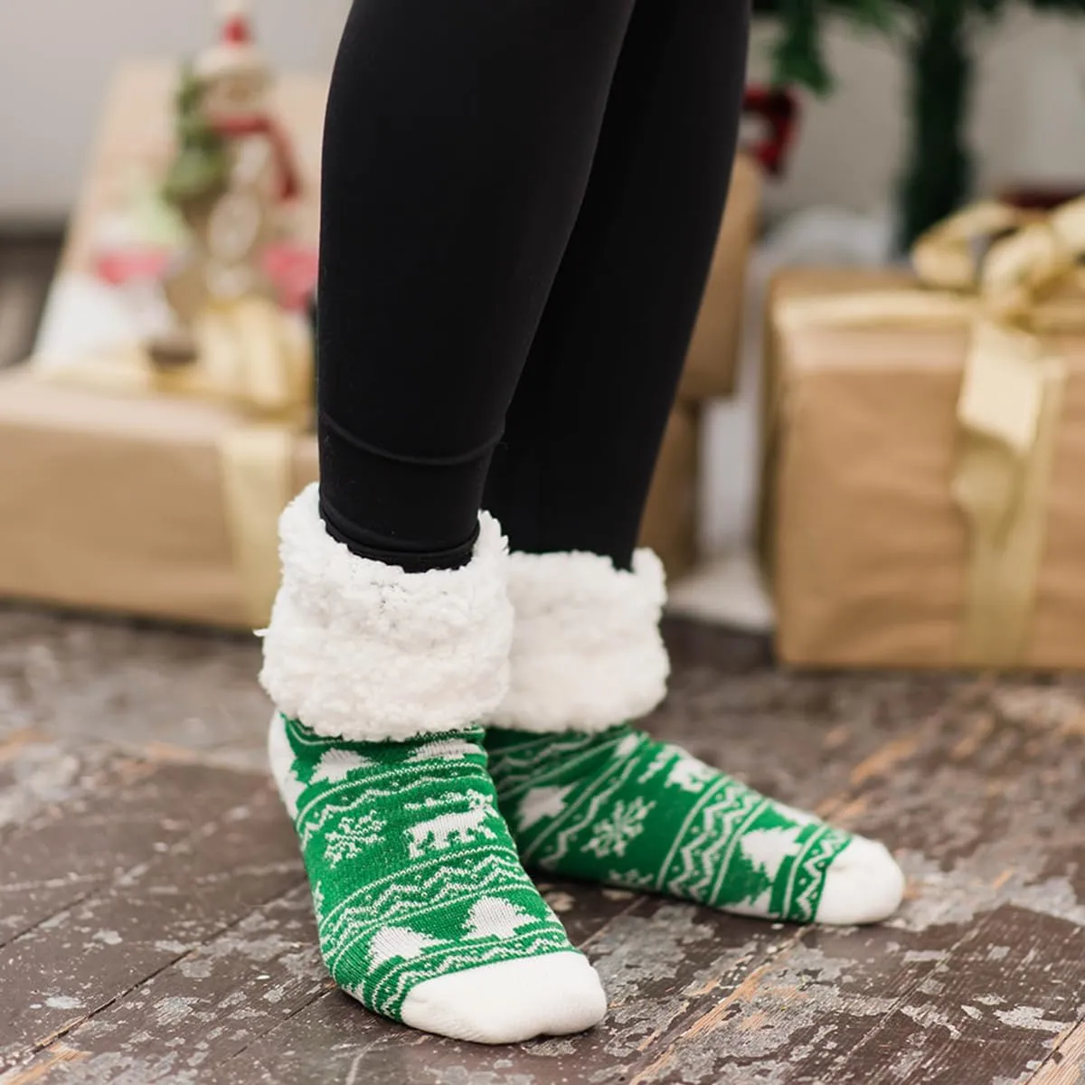 Pudus Recycled Cozy Winter Holiday Christmas Patterns Slipper Socks Women & Men w Non-Slip Grippers Faux Fur Sherpa