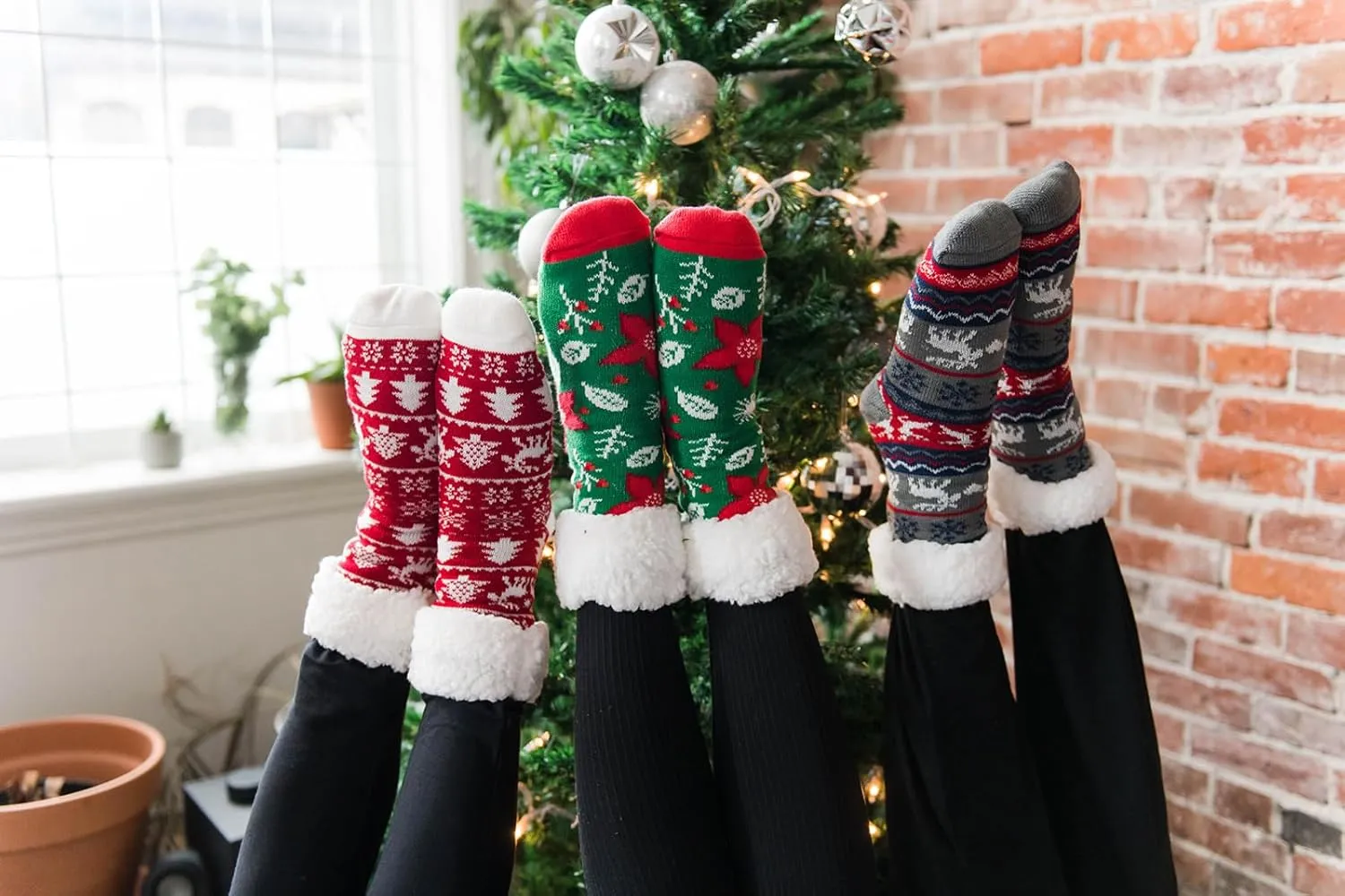 Pudus Recycled Cozy Winter Holiday Christmas Patterns Slipper Socks Women & Men w Non-Slip Grippers Faux Fur Sherpa