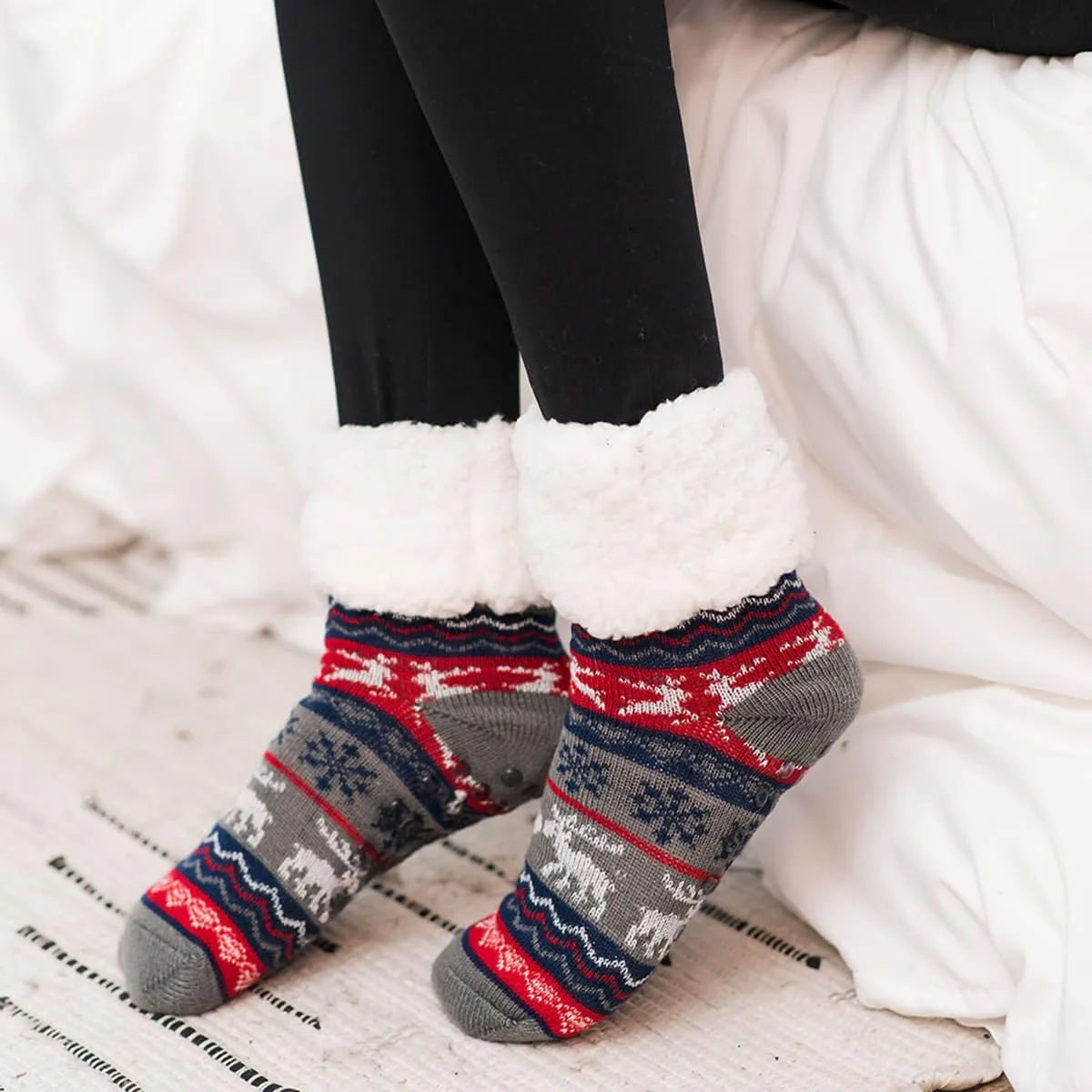 Pudus Recycled Cozy Winter Holiday Christmas Patterns Slipper Socks Women & Men w Non-Slip Grippers Faux Fur Sherpa
