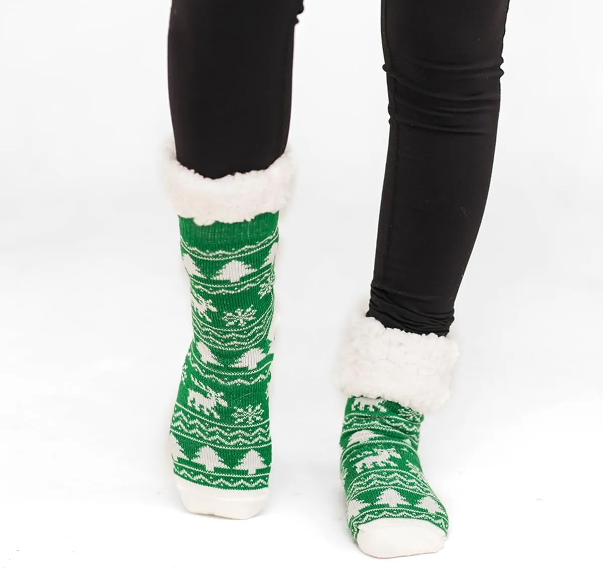 Pudus Recycled Cozy Winter Holiday Christmas Patterns Slipper Socks Women & Men w Non-Slip Grippers Faux Fur Sherpa