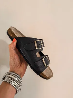 Ravel Black Leather Aros Flat Mule Sandals PREMIUM BRAND