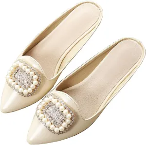 Rhinestone Mules for Women Flats Shoes Slip On Backless Loafer Pointed Toe Dress Mule Slides