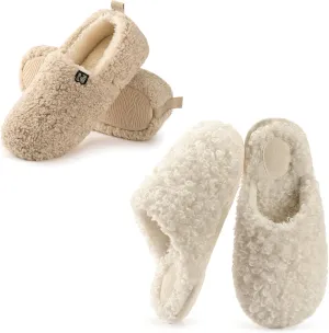 RockDove Set of 2 Pairs - Women's Size 11, Faux Shearling Closed Back Slipper (Beige) Twirl Fleece Fuzzy House Scuff (Pearl White)