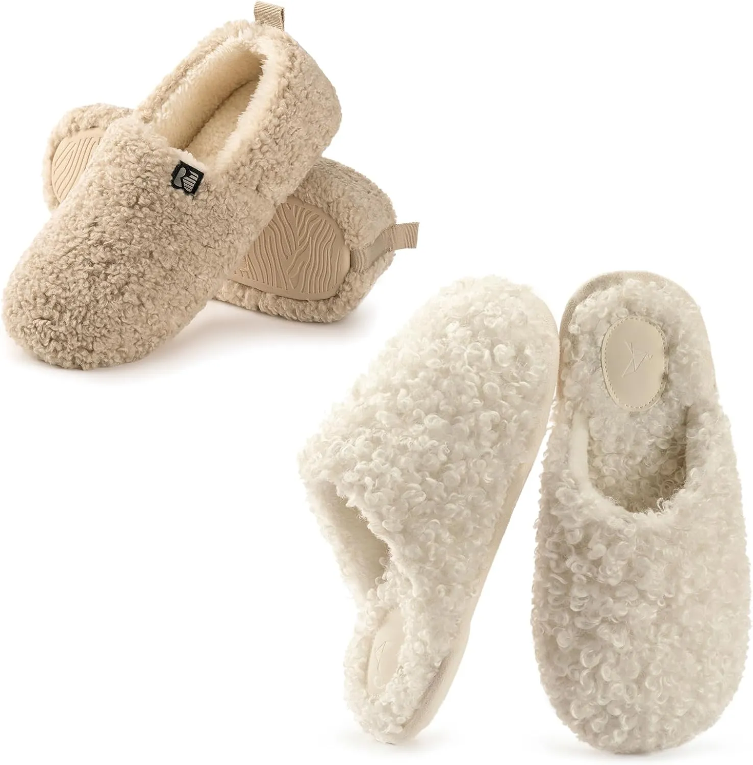 RockDove Set of 2 Pairs - Women's Size 11, Faux Shearling Closed Back Slipper (Beige) Twirl Fleece Fuzzy House Scuff (Pearl White)