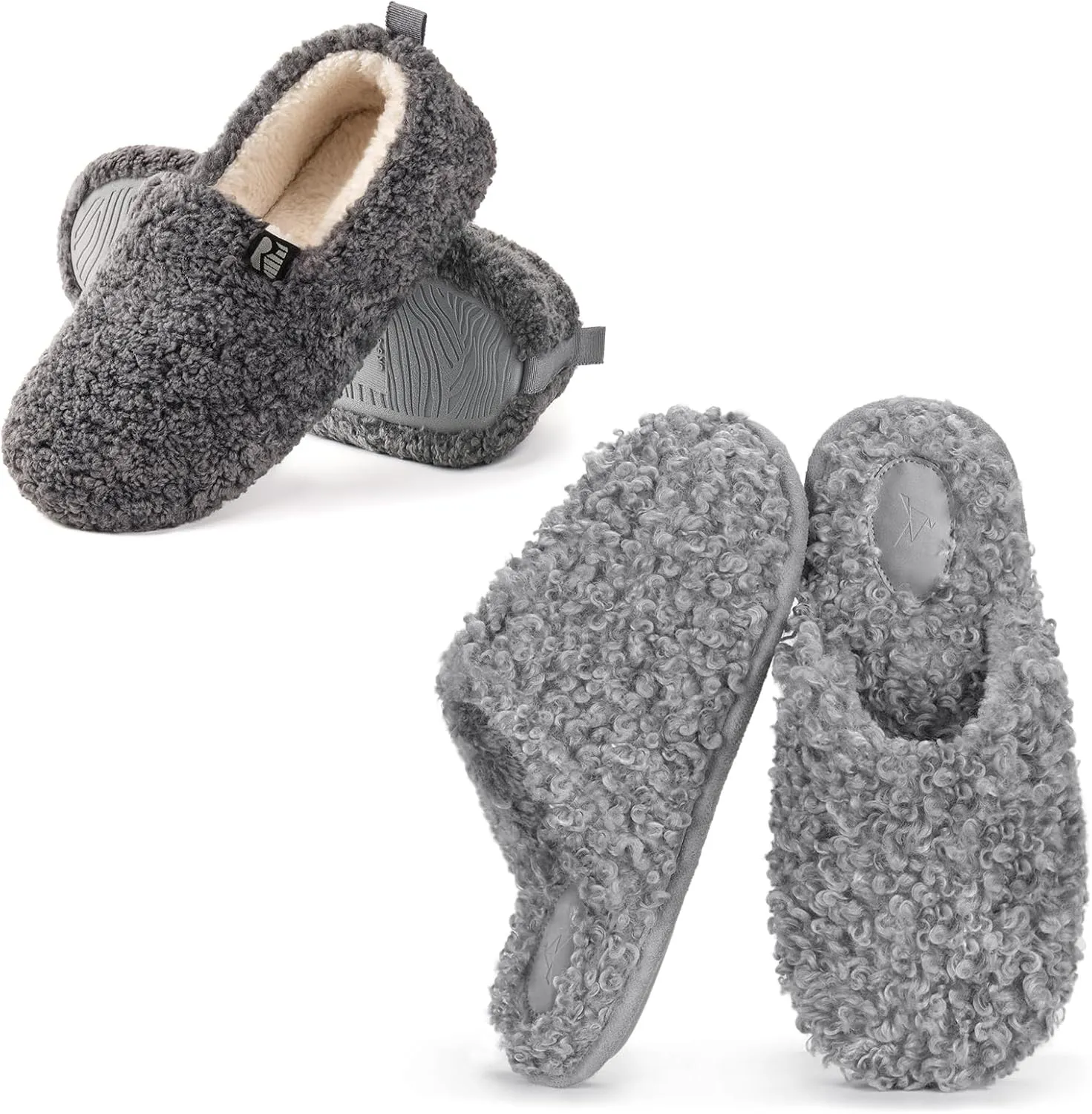 RockDove Set of 2 Pairs - Women's Size 7, Faux Shearling Closed Back Slipper (Cool Grey) Twirl Fleece Fuzzy House Scuff Slipper (Ash Grey)