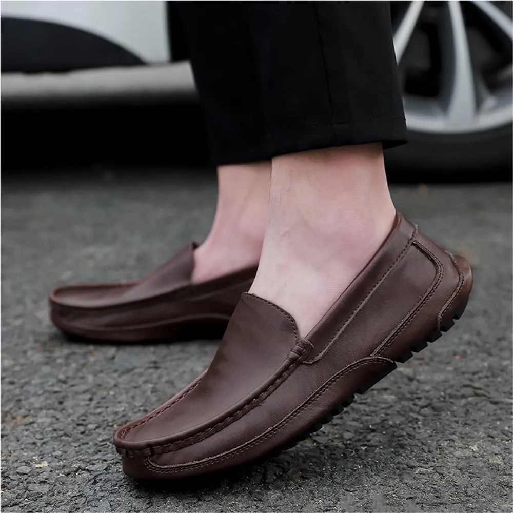 Round Toe Solid Color Leather Loafer Shoes Slip Resistant Flexible Lightweight Fashion Party Slip-ons