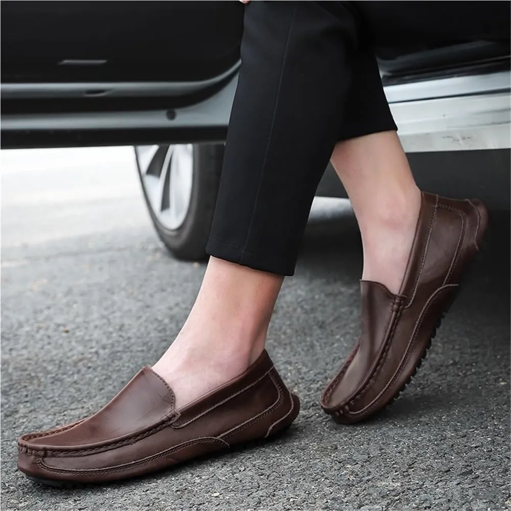 Round Toe Solid Color Leather Loafer Shoes Slip Resistant Flexible Lightweight Fashion Party Slip-ons
