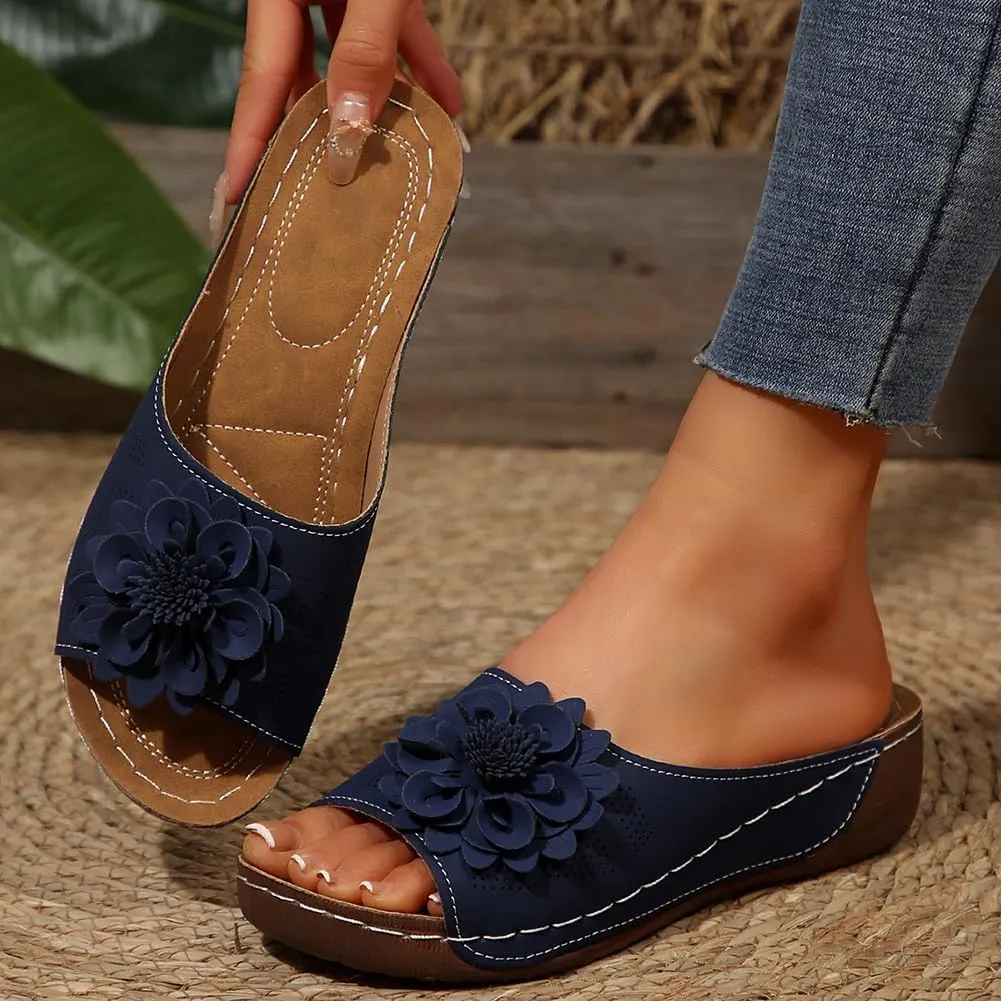 Rungion Womens Summer Beach Sandals Wedge Low Open Toe Slides Ladies Dressy Sandals Slipper Platform Comfortable Flower Sandals