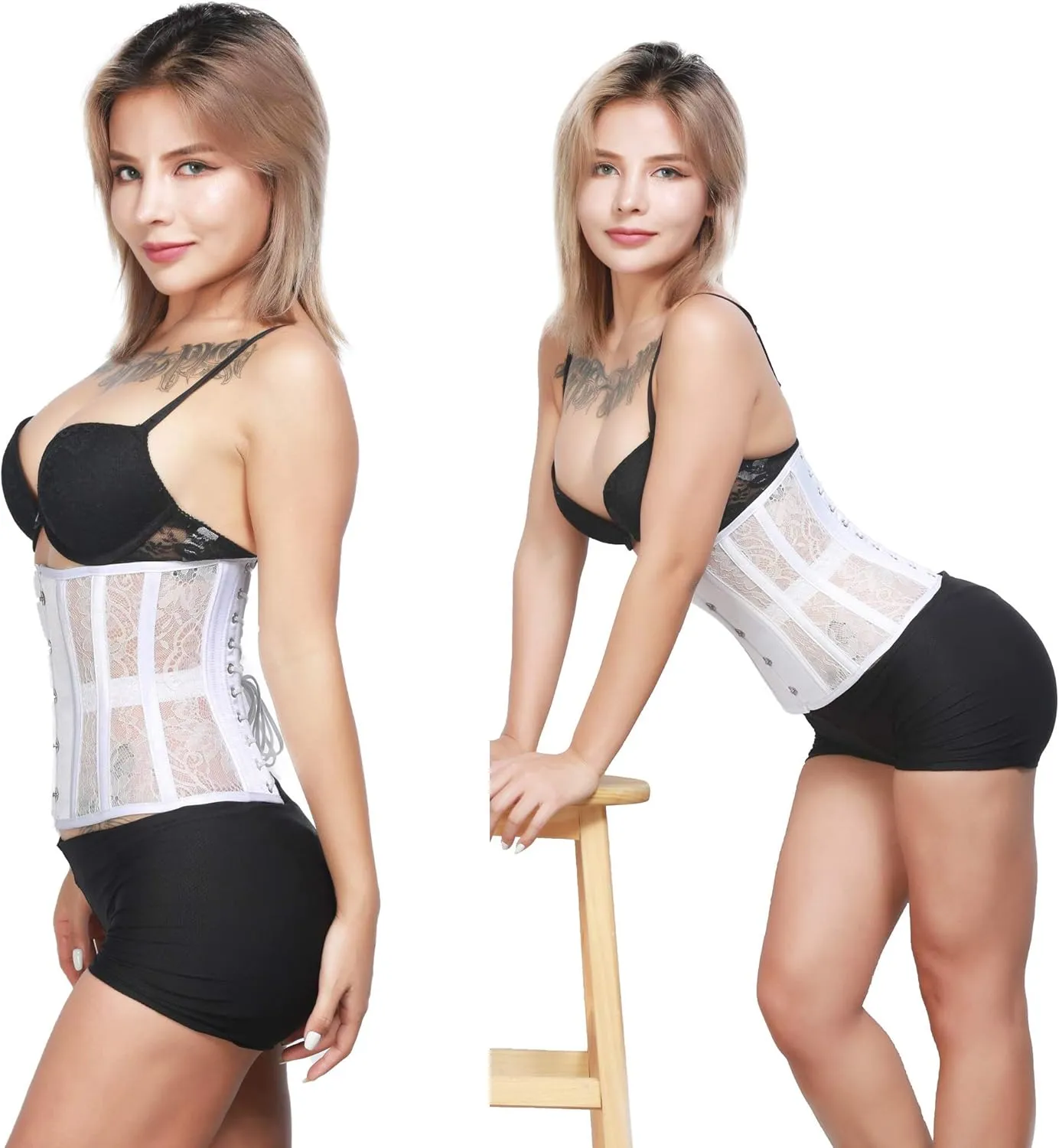 RZY Women's Petite 12 Steel Boned Heavy Duty Waist Trainer Underbust Corset Short Torso Mesh Body Shaper (Lace style)
