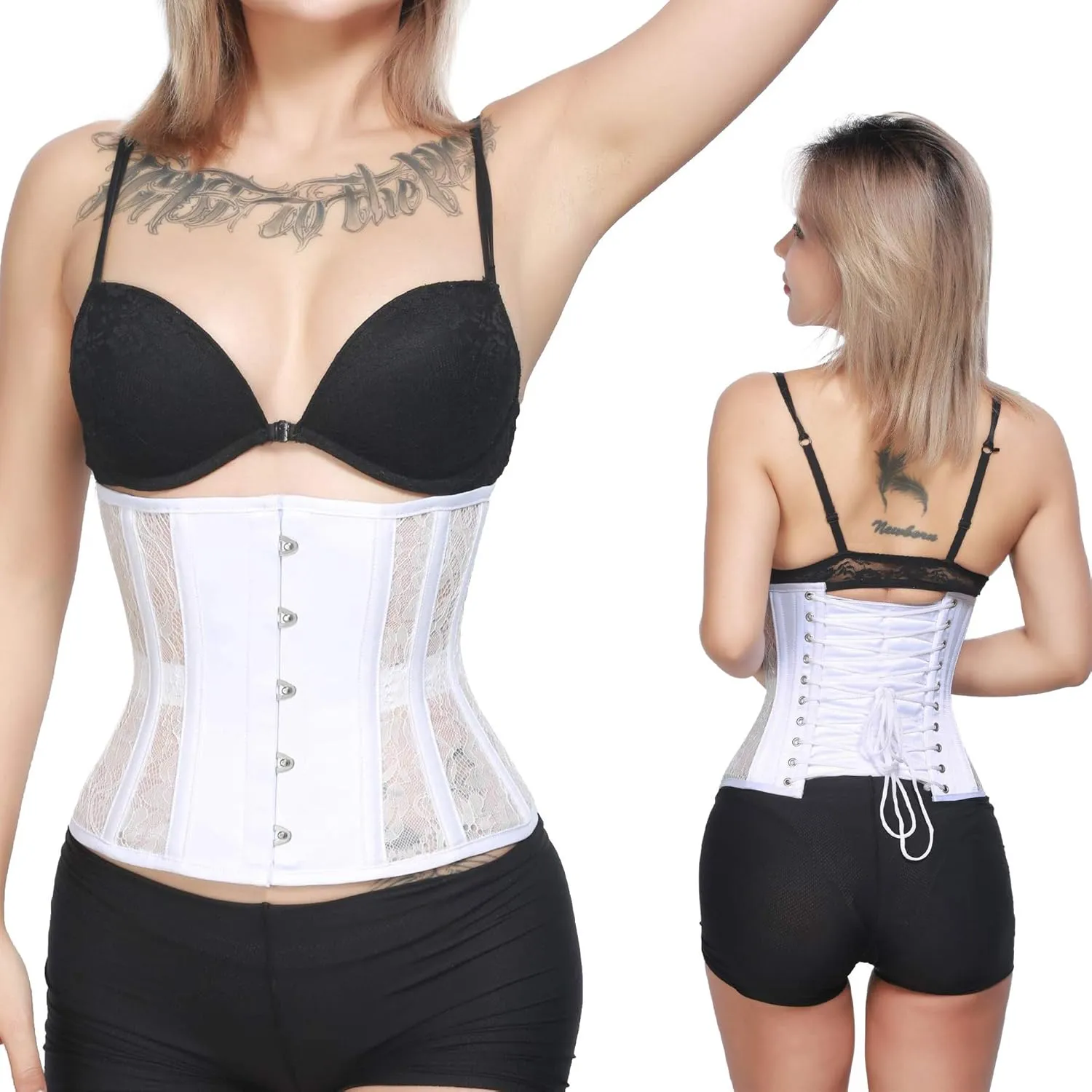 RZY Women's Petite 12 Steel Boned Heavy Duty Waist Trainer Underbust Corset Short Torso Mesh Body Shaper (Lace style)