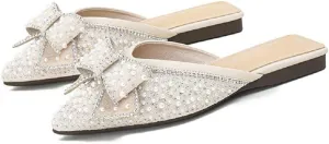 SAFECAMS Rhinestone Bow for Women Flat Mules Pointed Toe Backless Slip On Mules Ladies Comfort Soft Sole Flat Loafer