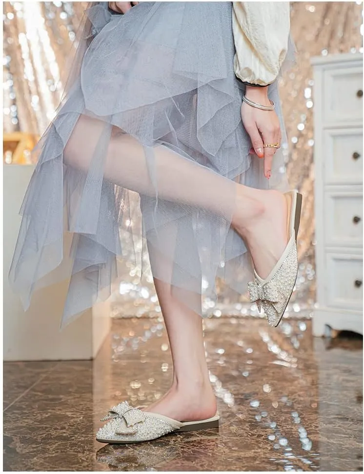 SAFECAMS Rhinestone Bow for Women Flat Mules Pointed Toe Backless Slip On Mules Ladies Comfort Soft Sole Flat Loafer