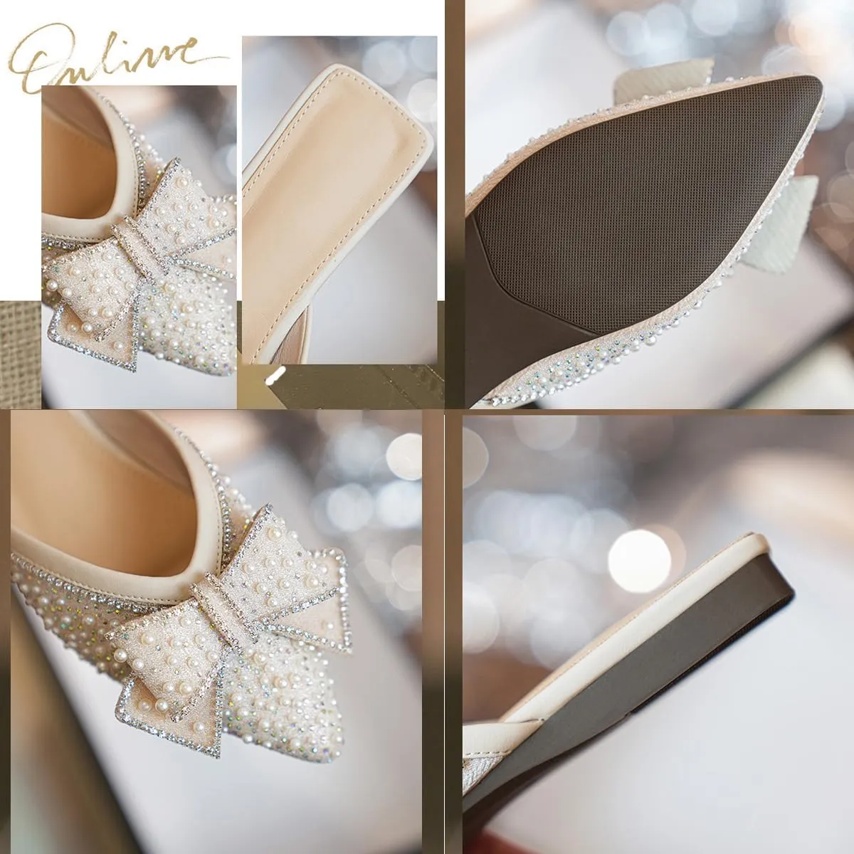SAFECAMS Rhinestone Bow for Women Flat Mules Pointed Toe Backless Slip On Mules Ladies Comfort Soft Sole Flat Loafer