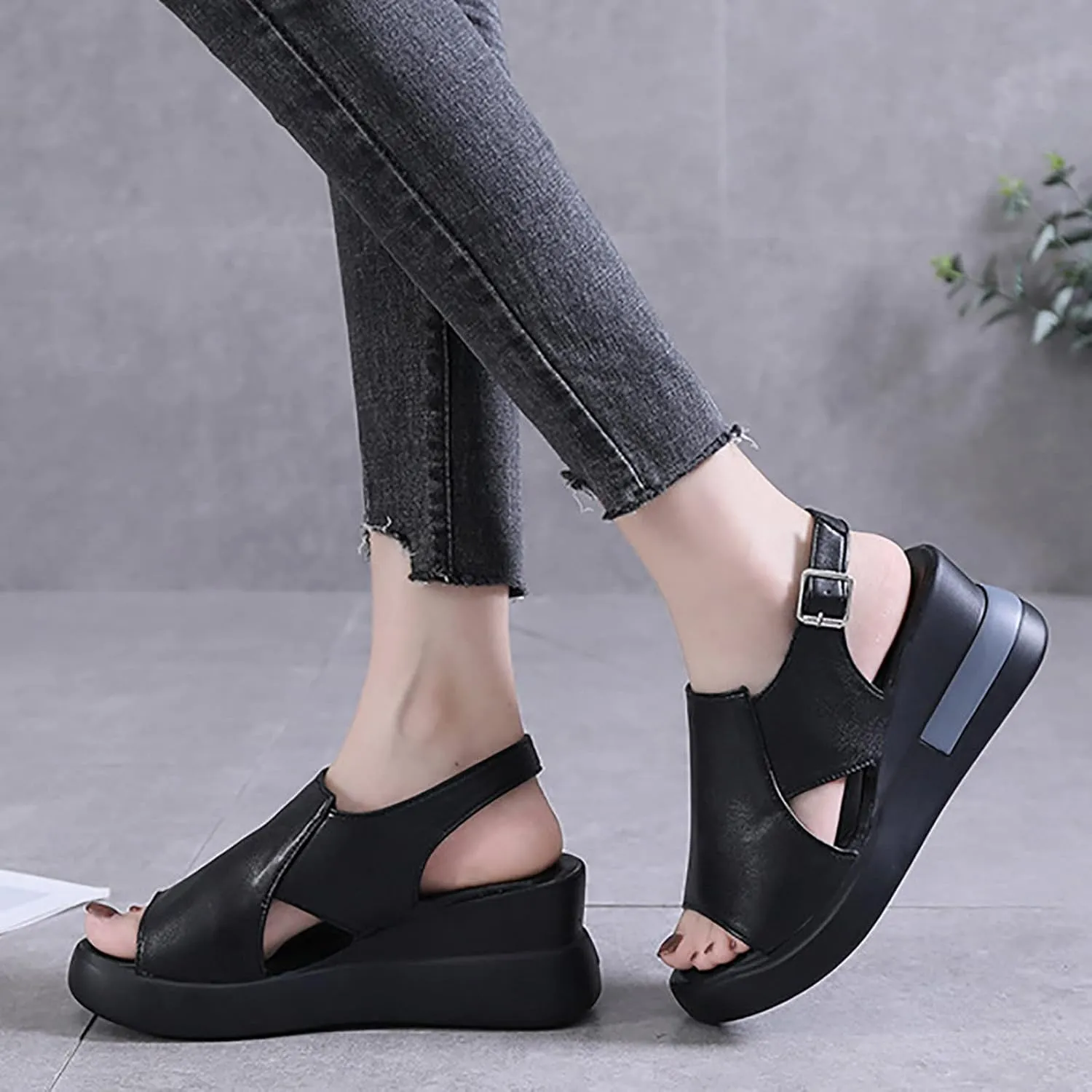 Sandals Women Wedges Platform,Wedge Sandals for Women Summer 2023 Women's Beach Casual Sandals Espadrilles Sandals Ankle Strap Buckle Open Toe Wedge Sandal Flip Flops Outdoor Sandals (E/Black, 7.5)