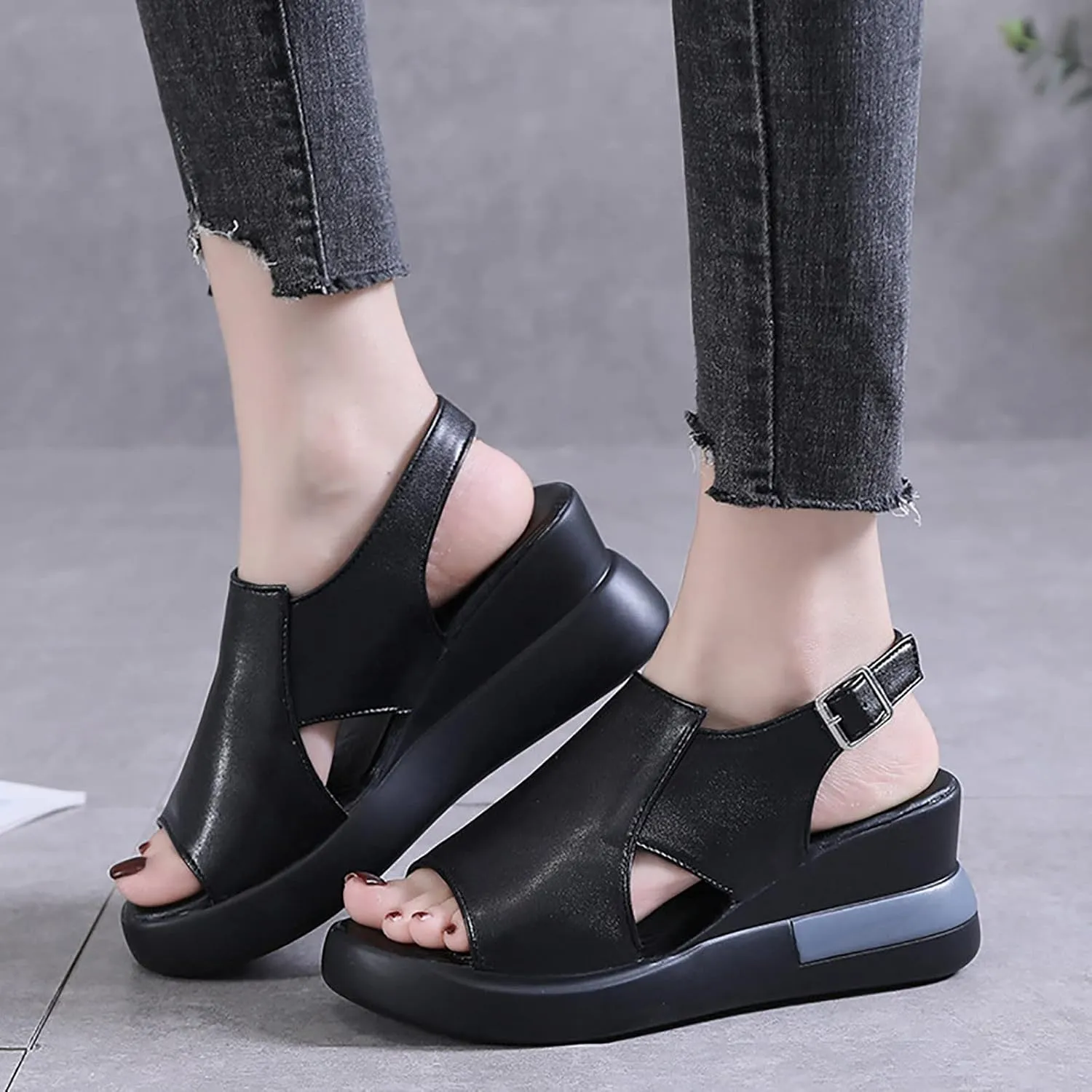 Sandals Women Wedges Platform,Wedge Sandals for Women Summer 2023 Women's Beach Casual Sandals Espadrilles Sandals Ankle Strap Buckle Open Toe Wedge Sandal Flip Flops Outdoor Sandals (E/Black, 7.5)