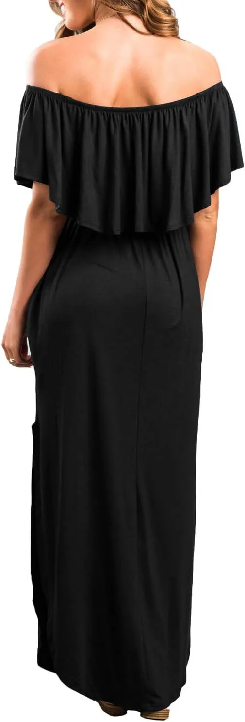 Sarin Mathews Womens Off The Shoulder Ruffle Party Dress Casual Side Split Beach Long Maxi Dresses with Pockets
