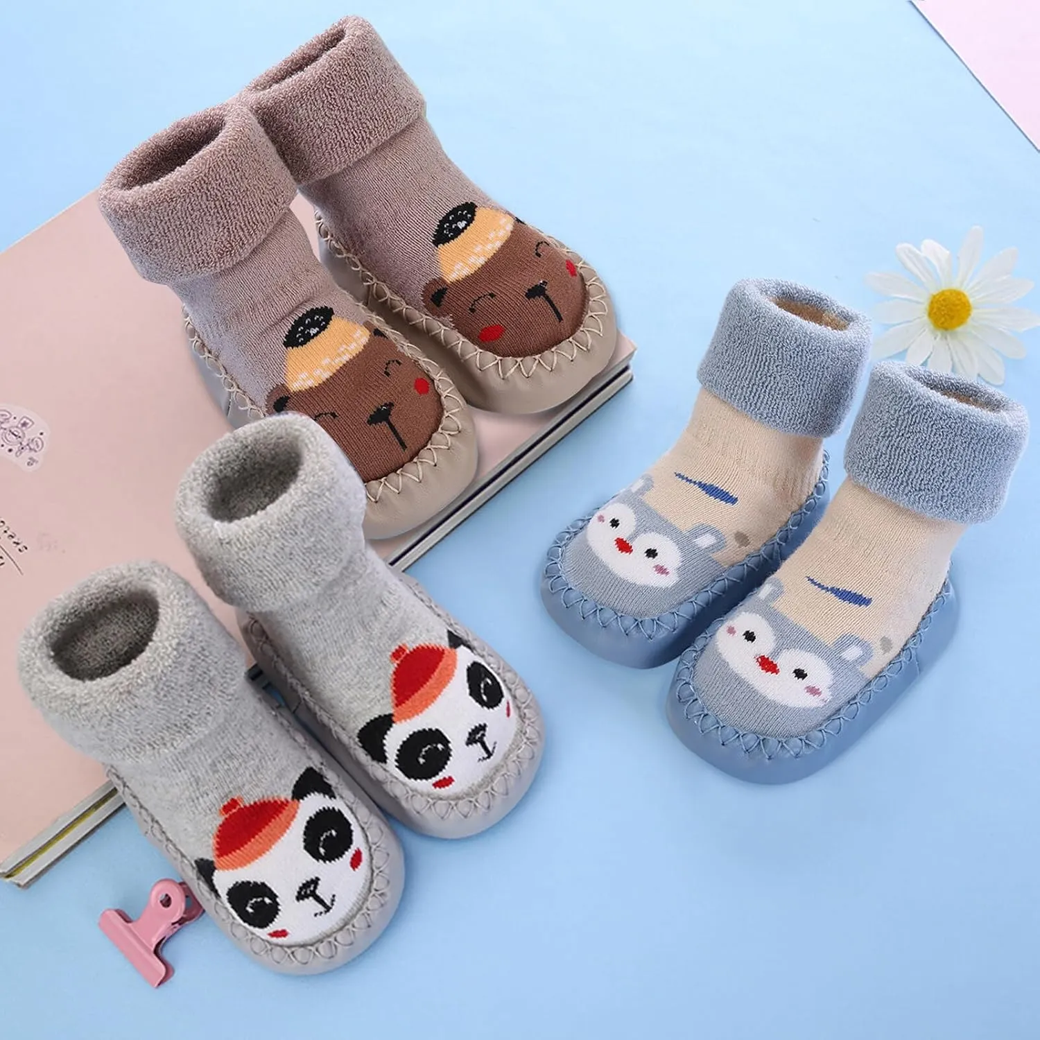 SEAUR 3 Pairs Toddler Slipper Socks Anti Skid Baby Sock Shoes for Walking Infant Moccasins Animal Crib Shoes Sock With Grips