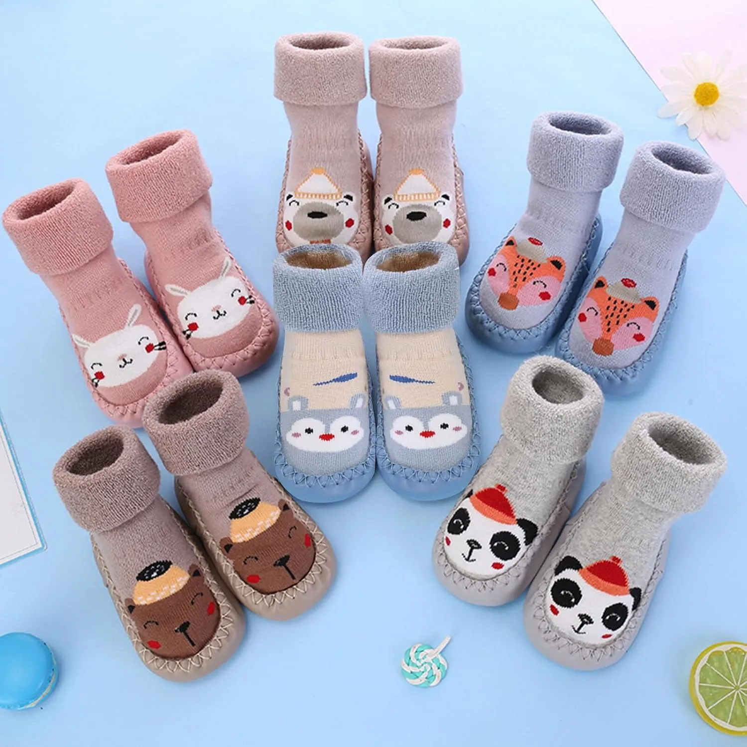 SEAUR 3 Pairs Toddler Slipper Socks Anti Skid Baby Sock Shoes for Walking Infant Moccasins Animal Crib Shoes Sock With Grips
