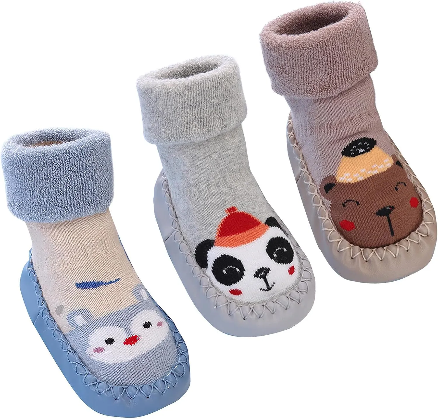 SEAUR 3 Pairs Toddler Slipper Socks Anti Skid Baby Sock Shoes for Walking Infant Moccasins Animal Crib Shoes Sock With Grips