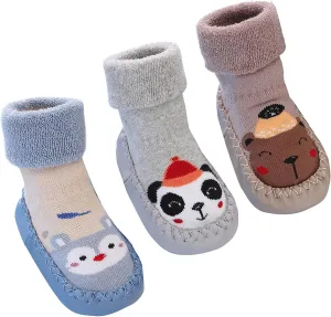 SEAUR 3 Pairs Toddler Slipper Socks Anti Skid Baby Sock Shoes for Walking Infant Moccasins Animal Crib Shoes Sock With Grips