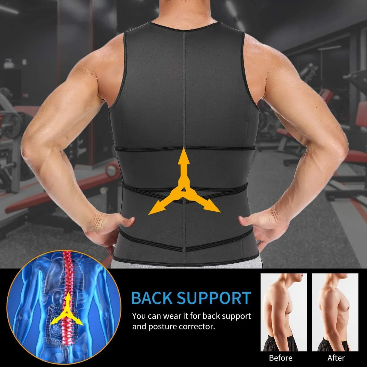 SHAPERIN Men Neoprene Sauna Zipper Waist Trainer Vest Tank Top Trimmer Body Shaper