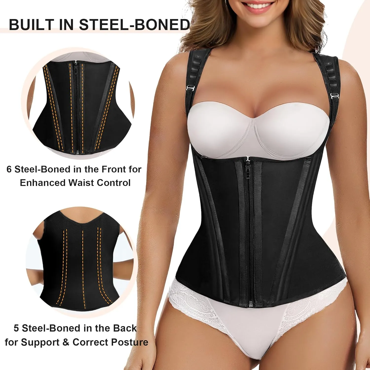 SHAPERX Women's Waist Trainer Tummy Control Body Shaper Waist Cincher Corset With Zipper and Hooks