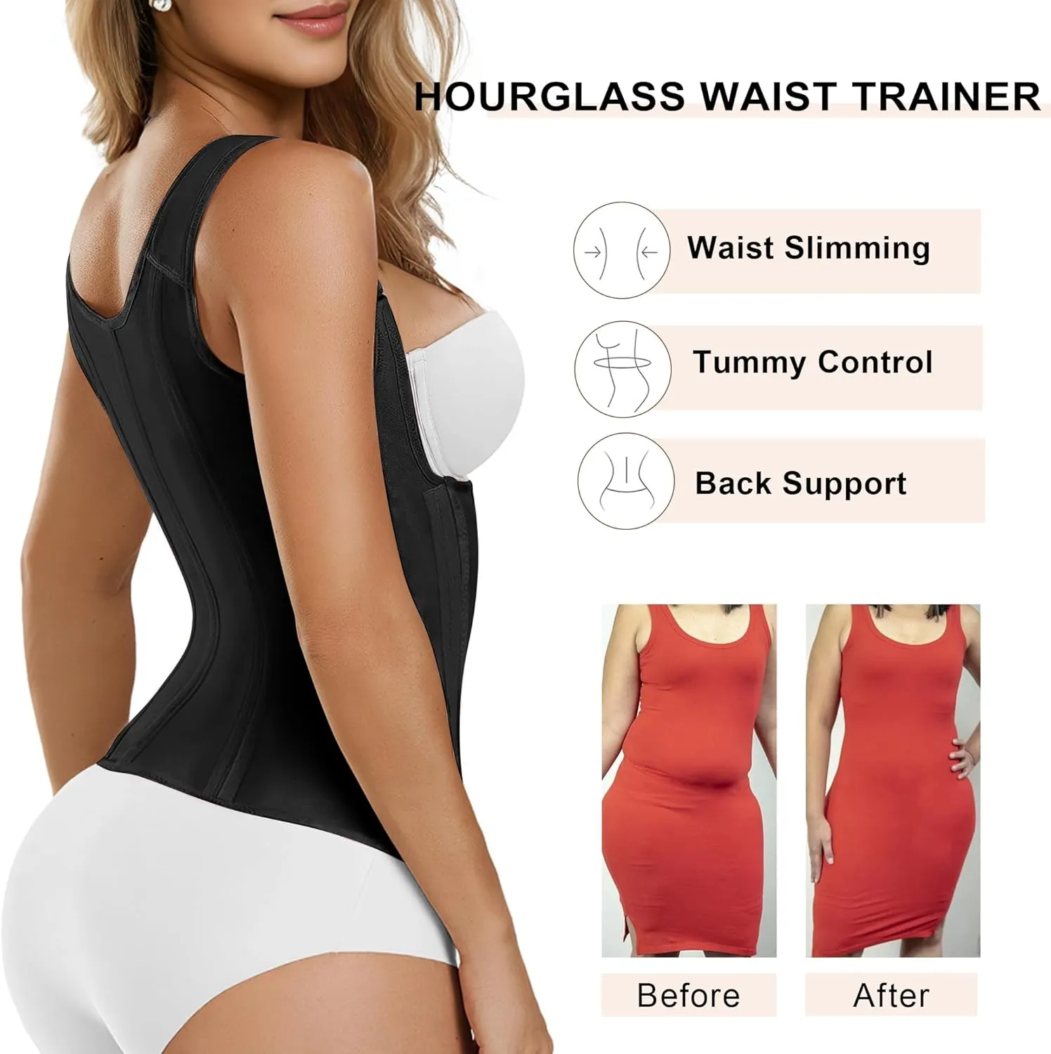 SHAPERX Women's Waist Trainer Tummy Control Body Shaper Waist Cincher Corset With Zipper and Hooks
