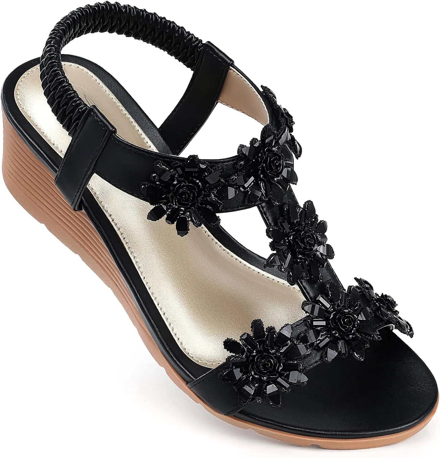 SHIBEVER Womens Sandals Wedge Flower: Open Toe Elastic Ankle Strap Wedge Sandal - Dressy Sandals Women - Comfortable Summer Bohemia