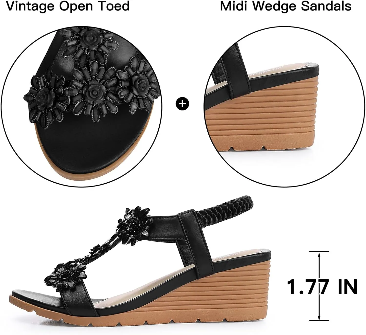 SHIBEVER Womens Sandals Wedge Flower: Open Toe Elastic Ankle Strap Wedge Sandal - Dressy Sandals Women - Comfortable Summer Bohemia