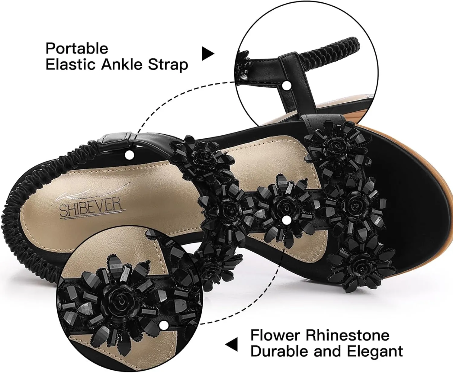 SHIBEVER Womens Sandals Wedge Flower: Open Toe Elastic Ankle Strap Wedge Sandal - Dressy Sandals Women - Comfortable Summer Bohemia