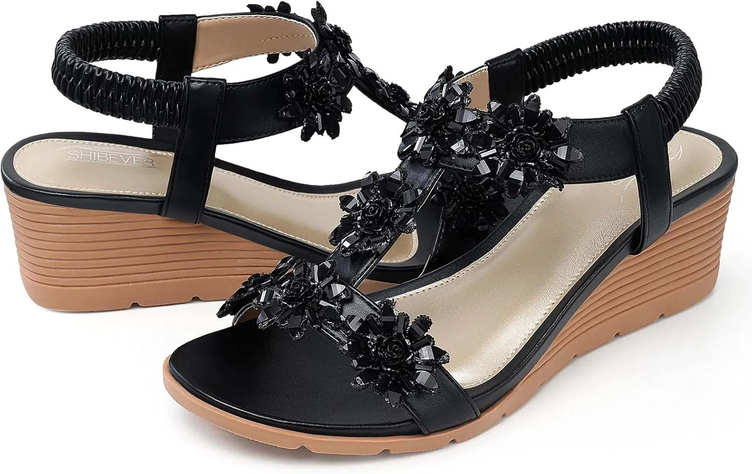 SHIBEVER Womens Sandals Wedge Flower: Open Toe Elastic Ankle Strap Wedge Sandal - Dressy Sandals Women - Comfortable Summer Bohemia