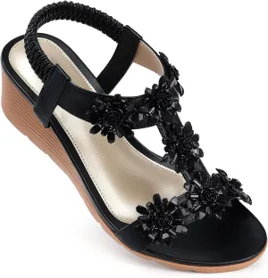 SHIBEVER Womens Sandals Wedge Flower: Open Toe Elastic Ankle Strap Wedge Sandal - Dressy Sandals Women - Comfortable Summer Bohemia