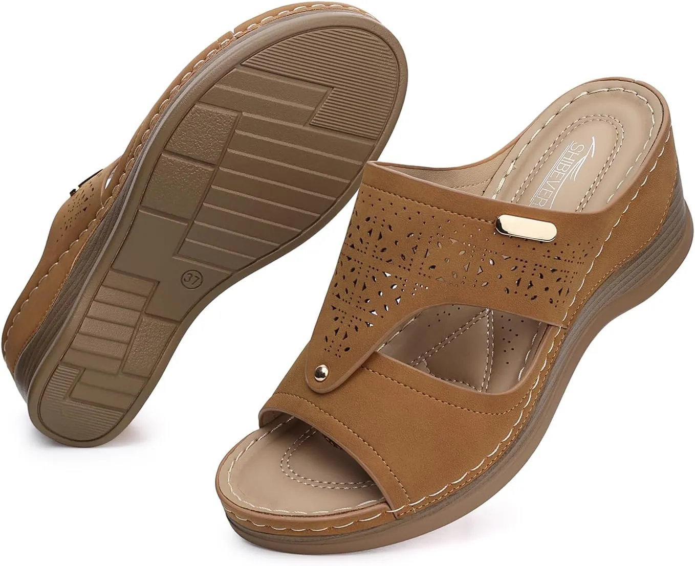 SHIBEVER Womens Wedge Sandals Summer: Comfortable Wedges Sandal Slip On Shoes For Womens Low Heel Dressy Hollow Out Ladies Sandal