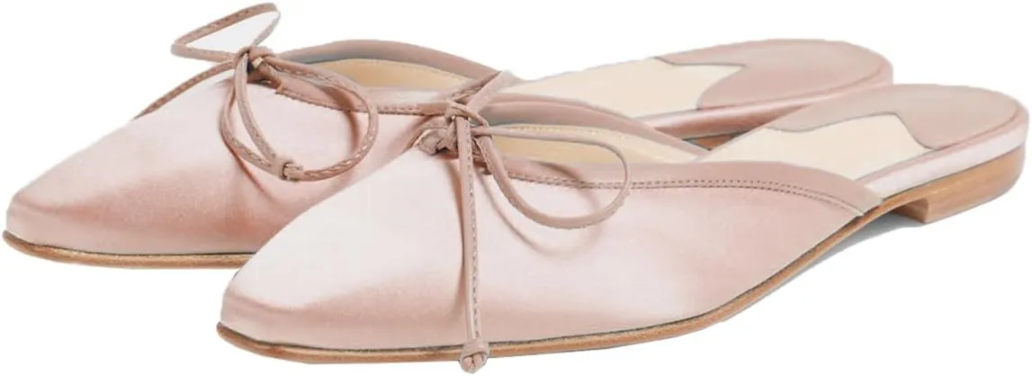 SHODENSE Women Square Toe Bow Mule Flats Satin Slip On Dress Mules Comfy Flat Heel Ballet Shoes Backless Bow Mule Shoes Walking Drive Chic Fashion Spring Fall 4-11 M US