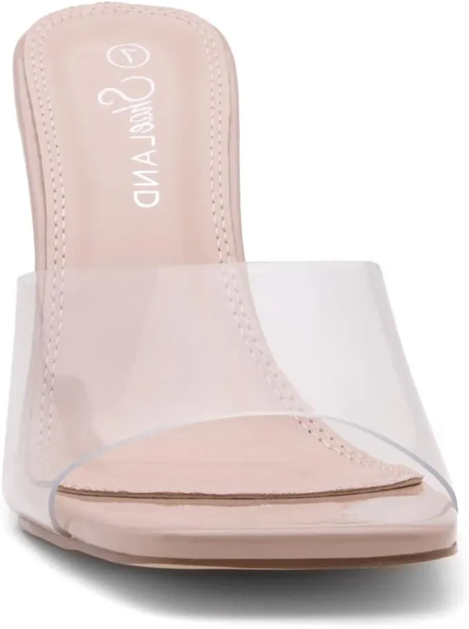 Shoe Land Melrose Women's High Heels Stiletto Heeled Slides, Square Open Toe One Band Slip-On Heeled Mules – Dressy Clear Heeled Sandals for Prom Party Wedding and Vacation