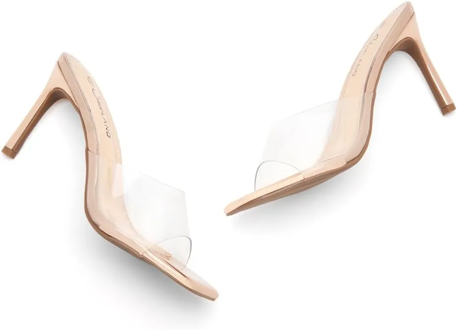 Shoe Land Melrose Women's High Heels Stiletto Heeled Slides, Square Open Toe One Band Slip-On Heeled Mules – Dressy Clear Heeled Sandals for Prom Party Wedding and Vacation
