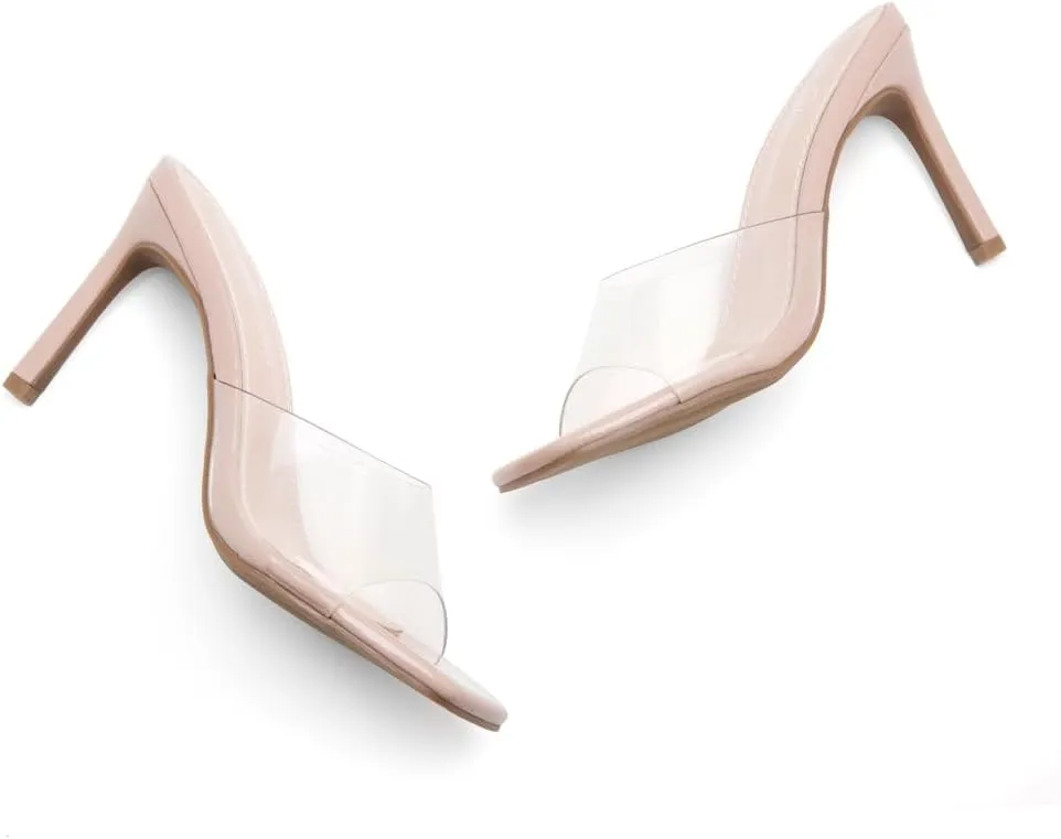 Shoe Land Melrose Women's High Heels Stiletto Heeled Slides, Square Open Toe One Band Slip-On Heeled Mules – Dressy Clear Heeled Sandals for Prom Party Wedding and Vacation