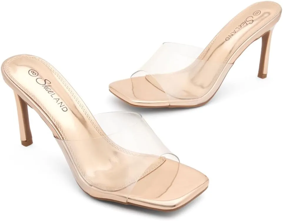 Shoe Land Melrose Women's High Heels Stiletto Heeled Slides, Square Open Toe One Band Slip-On Heeled Mules – Dressy Clear Heeled Sandals for Prom Party Wedding and Vacation