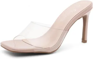 Shoe Land Melrose Women's High Heels Stiletto Heeled Slides, Square Open Toe One Band Slip-On Heeled Mules – Dressy Clear Heeled Sandals for Prom Party Wedding and Vacation