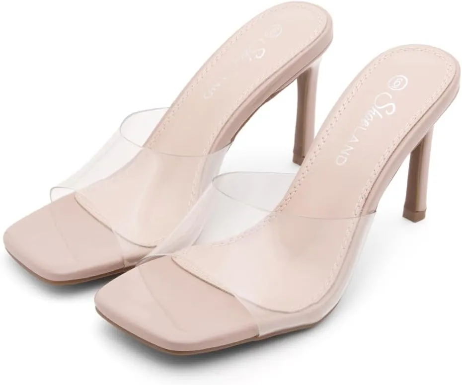 Shoe Land Melrose Women's High Heels Stiletto Heeled Slides, Square Open Toe One Band Slip-On Heeled Mules – Dressy Clear Heeled Sandals for Prom Party Wedding and Vacation